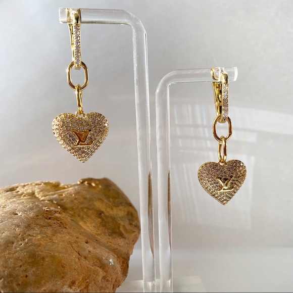 Louis Vuitton Jewelry - LV Faux Fur Gold Rhinestone Heart Dangle Drop Earrings NEW